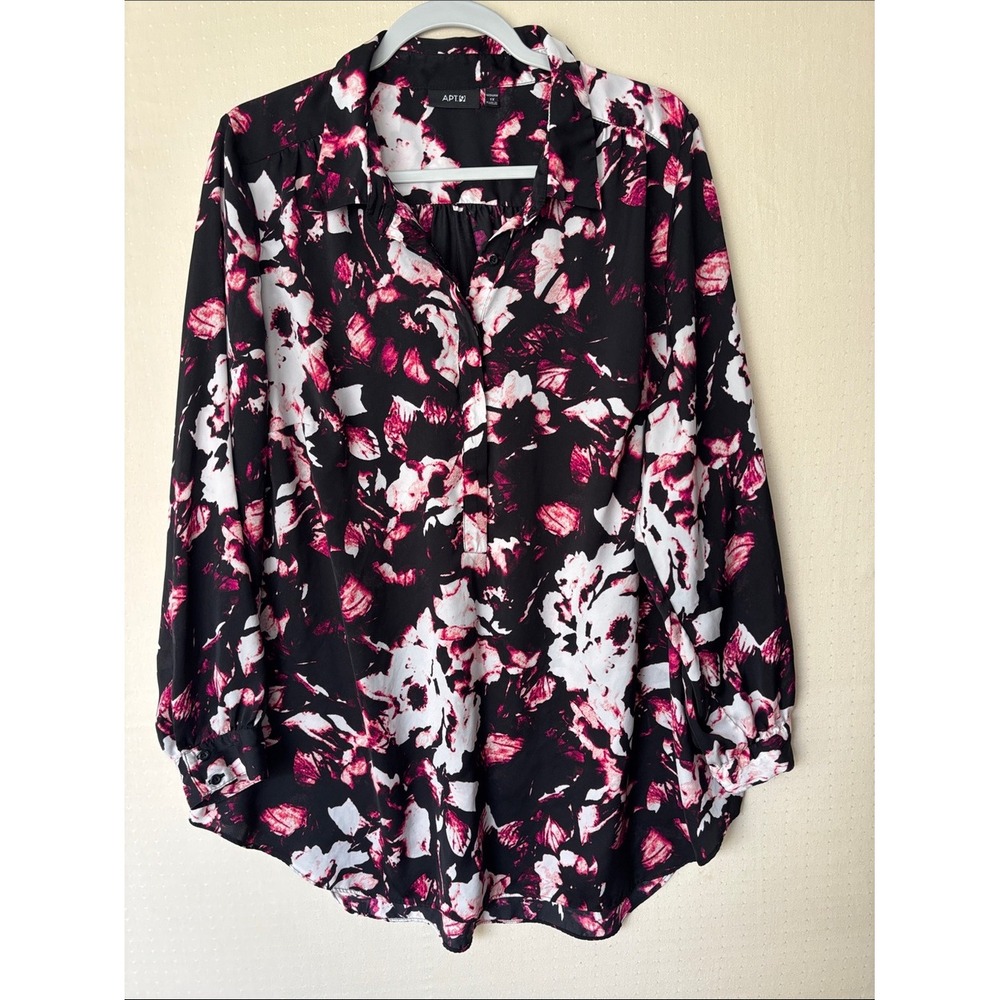Apt 9 Womens 1X Floral Tunic Blouse Black Pink White Long Sleeve Button Front